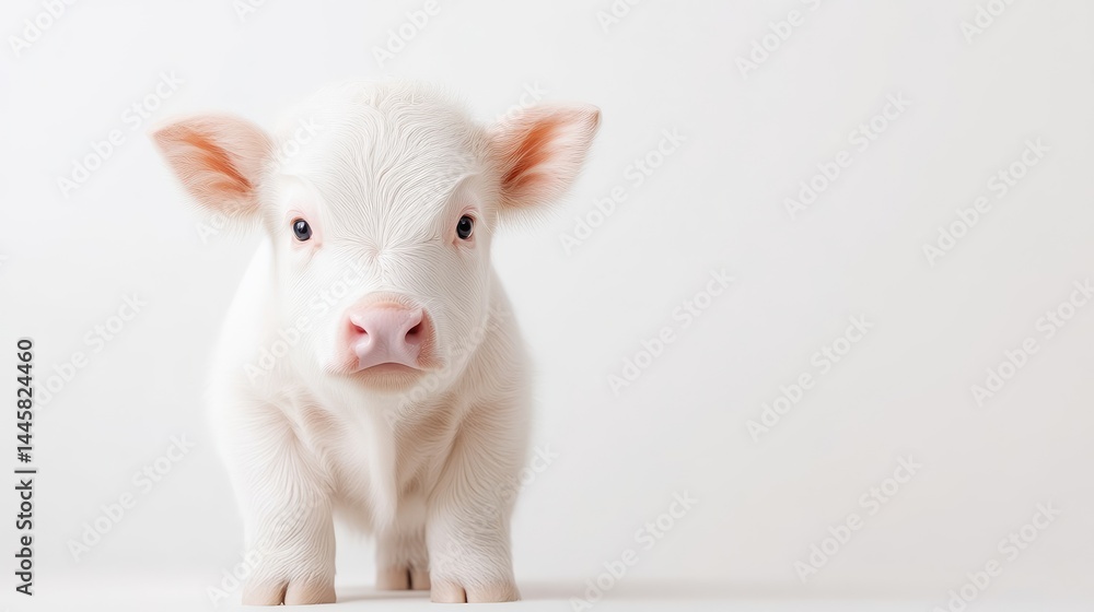 Fototapeta premium A cute piglet standing on a white background, minimalistic composition with soft lighting, adorable and innocent expression, and studio shot.