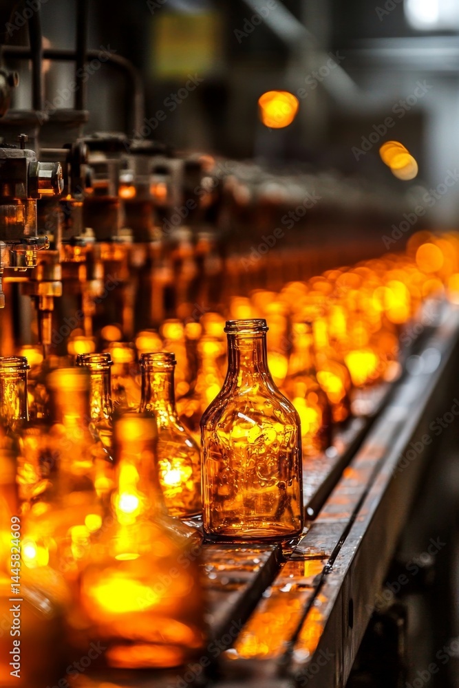 The intricate process of glass bottle manufacturing on a production line. The intricate process of glass bottle manufacturing on a production line.