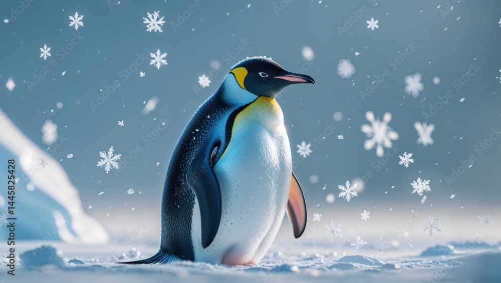 A majestic king penguin stands in the snow, snowflakes gently falling around it. A serene winter scene. A majestic king penguin stands in the snow, snowflakes gently falling around it. A serene winter scene.