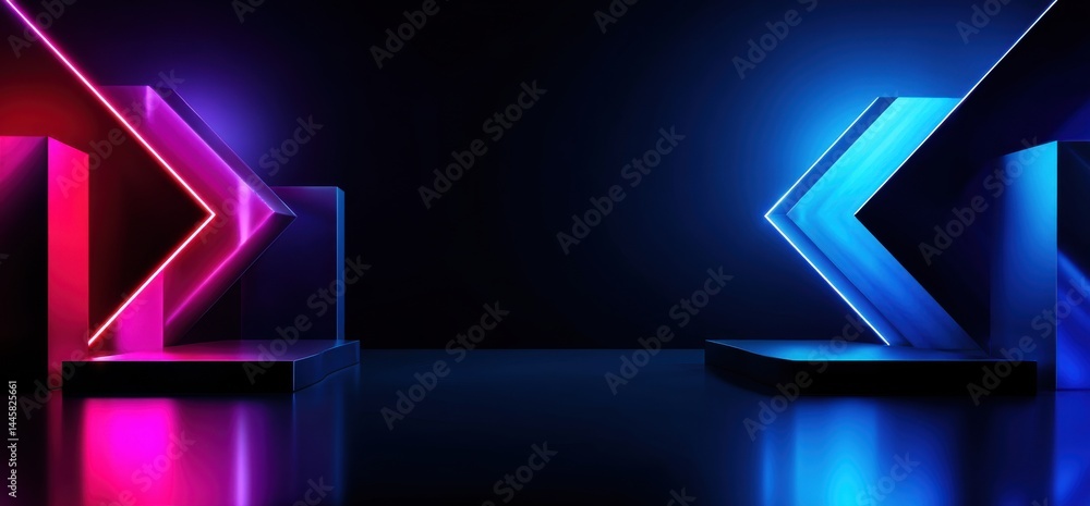 Obraz premium Neon Stage Design: An abstract stage with futuristic neon lights, geometric shapes, and dynamic hues of vibrant pink and electric blue, creating an atmosphere of energy and technological innovation.