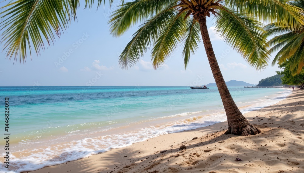 Obraz premium The crystal clear turquoise waters gently kiss the golden sandy shore, with lush green palm trees swaying in the gentle ocean breeze, creating a tranquil and captivating view of the sea in Thailand.