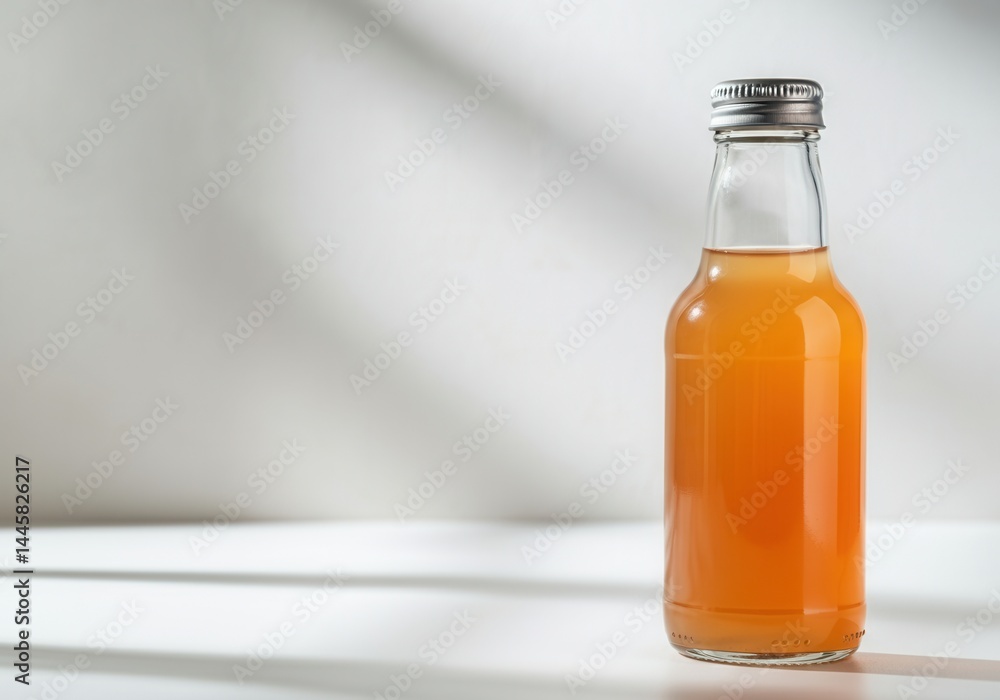 Glass bottle with natural beverage kombucha on minimalist white background. Eco-conscious alternative to plastic bottles. Glass bottle with natural beverage kombucha on minimalist white background. Eco-conscious alternative to plastic bottles.