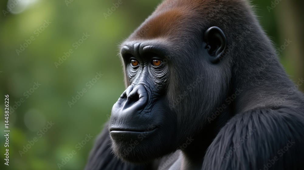 Close-Up Portrait of a Majestic Gorilla Surrounded by Lush Greenery in a Natural Habitat Close-Up Portrait of a Majestic Gorilla Surrounded by Lush Greenery in a Natural Habitat