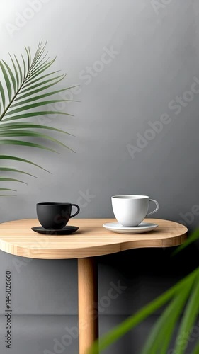 Wallpaper Mural Black and white coffee cups rest on a stylish wooden table with lush green plants in a cozy, contemporary atmosphere Torontodigital.ca