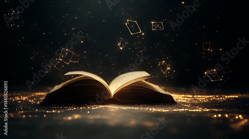 Open book glowing with magical golden particles