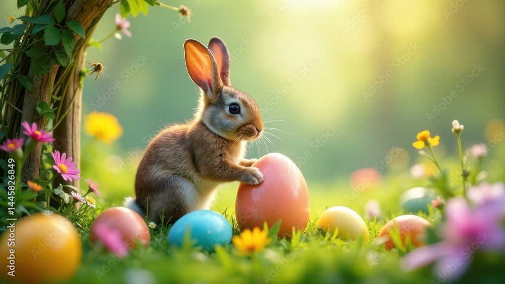A cute bunny rabbit sits amidst vibrant spring flowers and colorful Easter eggs, enjoying a sunny day in a lush meadow. A cute bunny rabbit sits amidst vibrant spring flowers and colorful Easter eggs, enjoying a sunny day in a lush meadow.