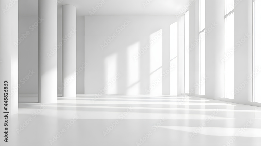 Obraz premium Modern minimalist interior design showcase bright white room photography clean aesthetic wide angle view