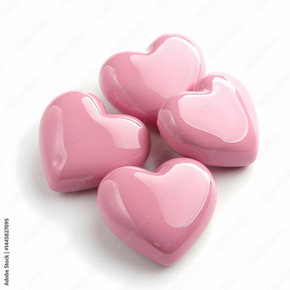 Obraz premium Four Glossy Pink Hearts Arrangement on White Background