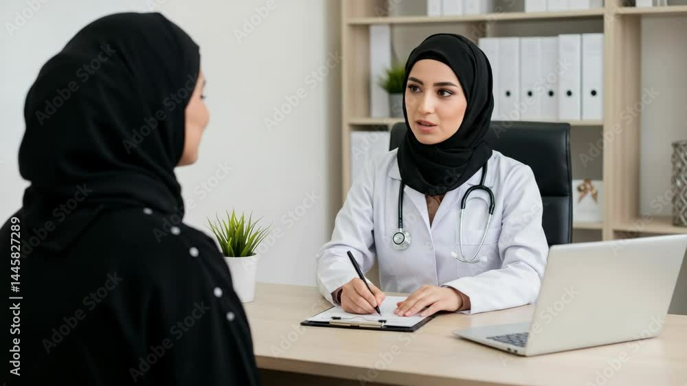 Muslim doctor in hijab talking to patient in modern clinic, perfect for healthcare, female professionals, or Islamic medical consultation and wellness themes. Muslim doctor in hijab talking to patient in modern clinic, perfect for healthcare, female professionals, or Islamic medical consultation and wellness themes.