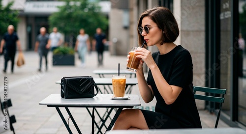 Woman drinks iced coffee at an outdoor cafe with a black purse on the table on a summer day