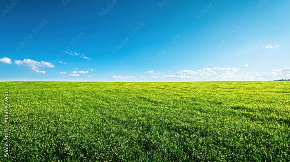 Obraz premium Lush Green Field Under Clear Blue Sky with Soft Clouds in the Background