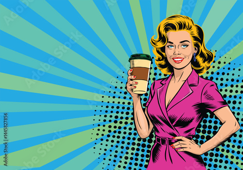 Vector illustration of a beautiful girl in pop art style holding a mug of coffee.