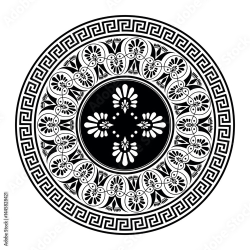 Decorative round ornament with Greek meander and Chinese pattern. Typical egyptian, assyrian, greek motives. Template for textile, embroidery, ceramic, porcelain, engraving, wooden furniture, forging.