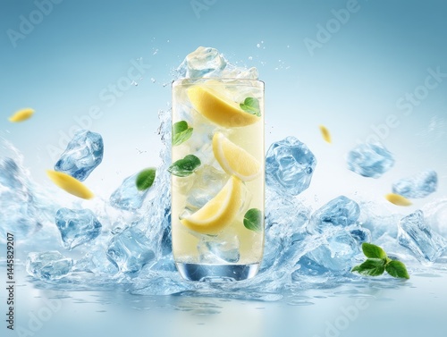 Refreshing cocktail with ice cubes lemon slices and mint leaves with water splash on a blue background
