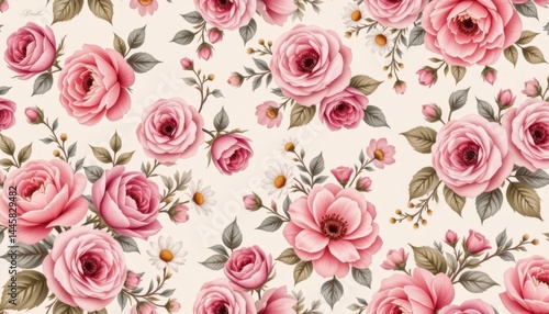 A stunning vintage floral pattern featuring delicate roses, peonies, and daisies in soft pastel hues of pink, lavender, and ivory, creating a dreamy and romantic aesthetic perfect for backgrounds.