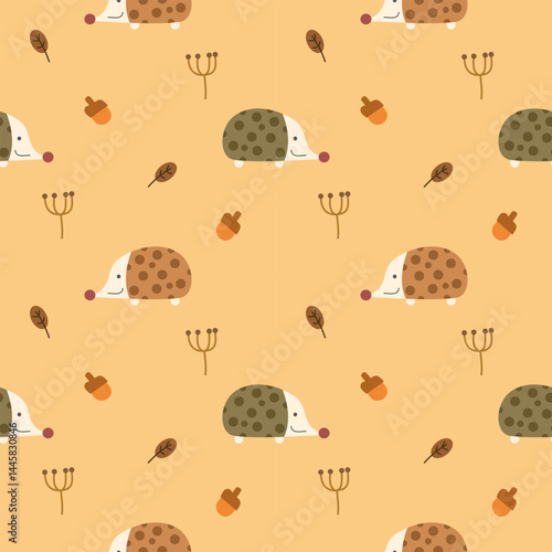 Porcupine cartoon so cute. On acorn leaf yellow background. Pattern seamless vector illustration. 