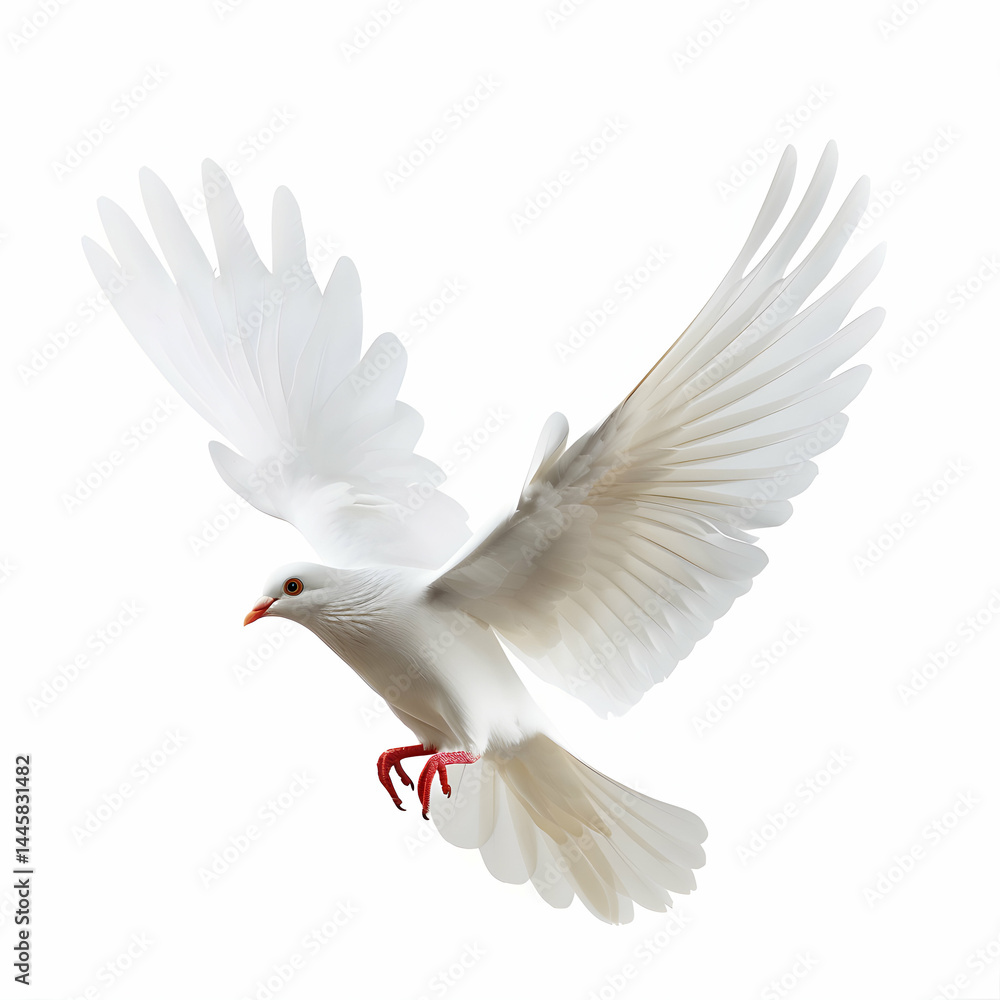 White Dove in Flight with Outspread Wings Over a Bright Background White Dove in Flight with Outspread Wings Over a Bright Background
