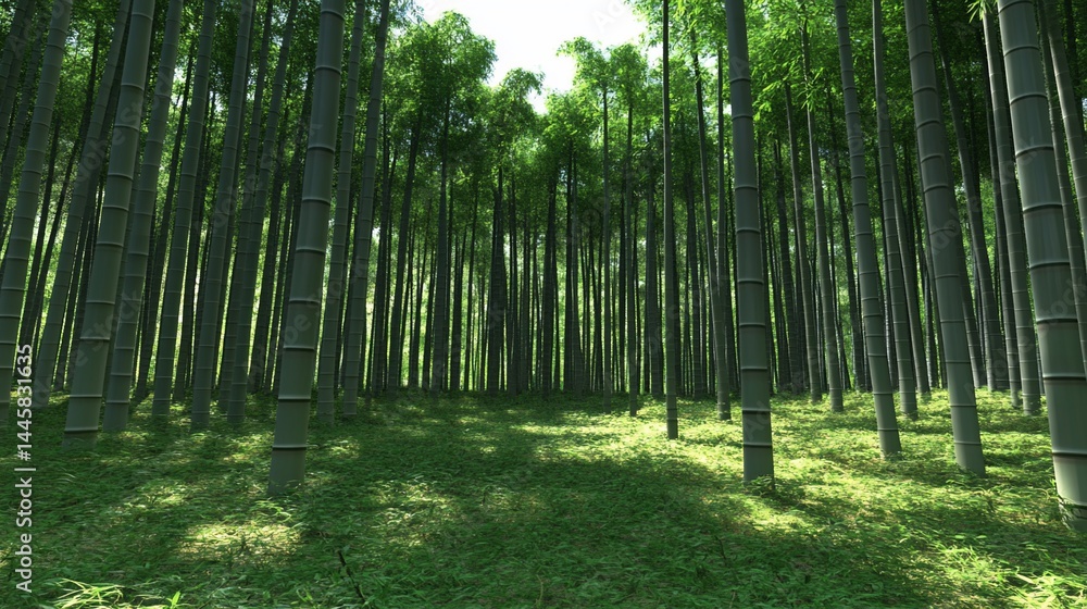 Fototapeta premium Lush green bamboo forest, sunlight dappling ground