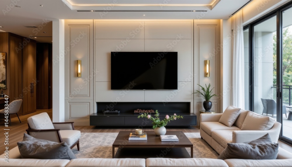 Fototapeta premium The elegant living room features a large flat screen television mounted on the wall, creating a sleek and modern focal point for entertainment.