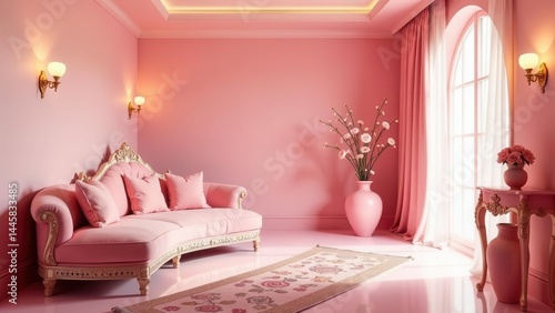 Wallpaper Mural A luxuriously appointed pink room features a curved chaise lounge, ornate side table, and delicate floral arrangements. Torontodigital.ca