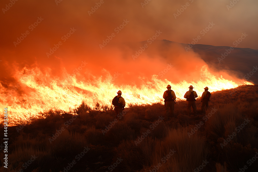 Fototapeta premium Firefighters battle a raging wildfire, a scene of intense heat and smoke. Protecting the environment with skill and bravery under extreme conditions.