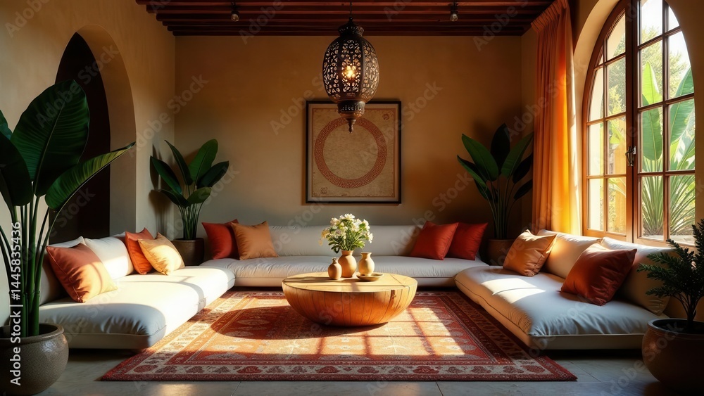 Fototapeta premium Serene Living Room Design with Low Seating, Earthy Tones, and Natural Light