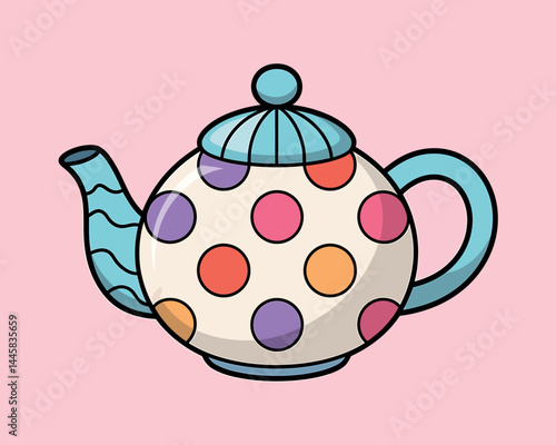 Whimsical Polka Dot Teapot Illustration with Swirls and Bright Colors