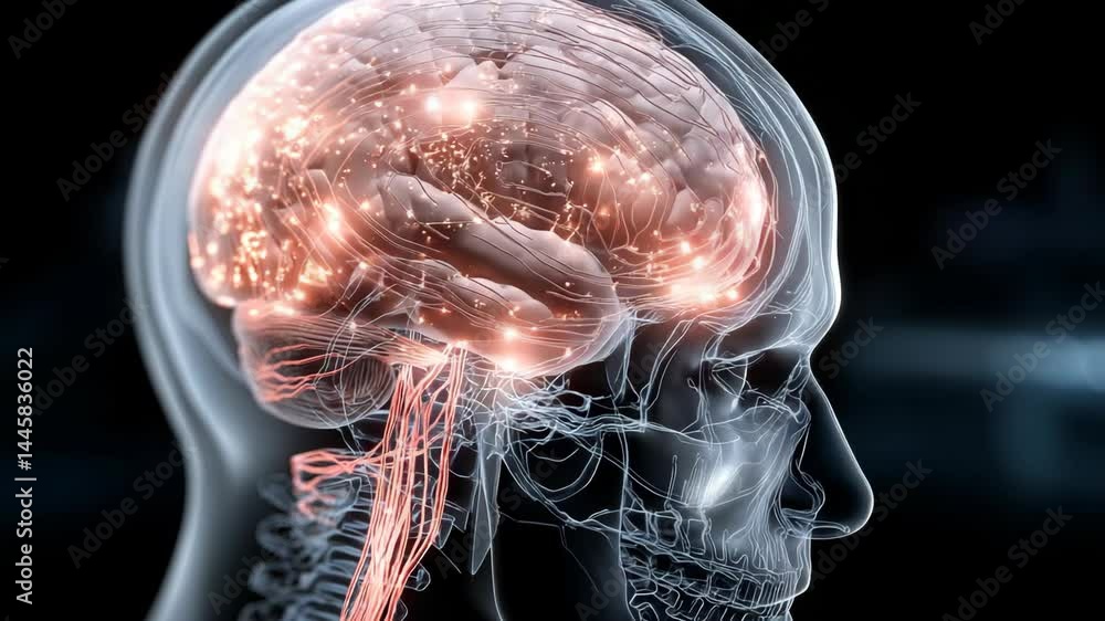 Illustration depicting a human brain with neural activity, skeleton, and head anatomy for medical, science and learning visualizations