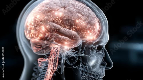 Illustration depicting a human brain with neural activity, skeleton, and head anatomy for medical, science and learning visualizations