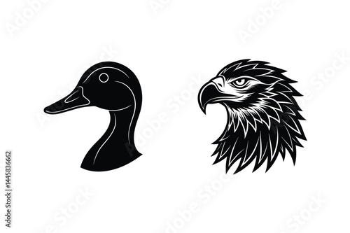 Black and white eagle and duck heads depicting wild bird iconography for graphic design