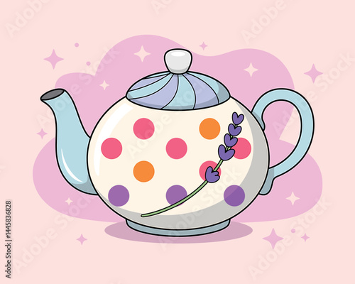 Whimsical Polka Dot Teapot Illustration with Swirls and Bright Colors