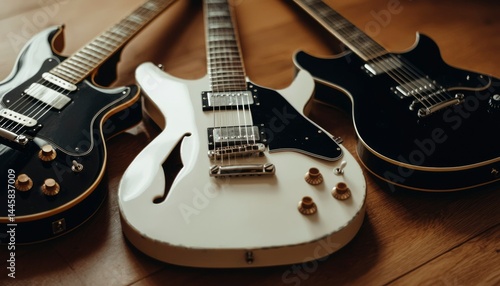 Electric guitars on hardwood floor