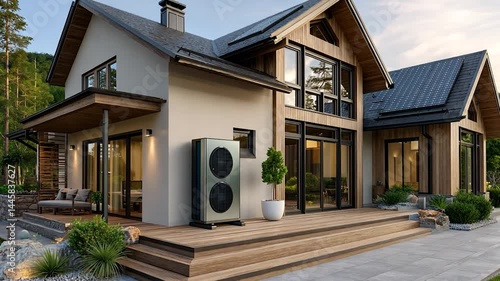 Modern home with heat pump and solar panels