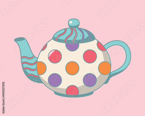 Whimsical Polka Dot Teapot Illustration with Swirls and Bright Colors