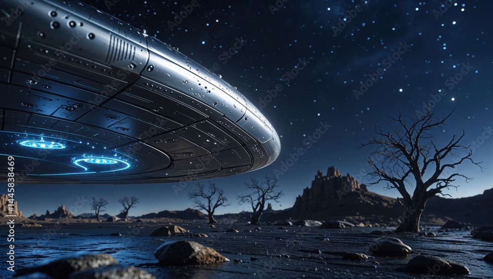 A sleek, silver spaceship hovers above a desolate, dark landscape under a starry night sky. Mysterious and atmospheric. A sleek, silver spaceship hovers above a desolate, dark landscape under a starry night sky. Mysterious and atmospheric.