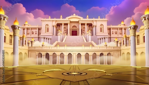 The majestic Temple of Olympus with burning torches at sunset