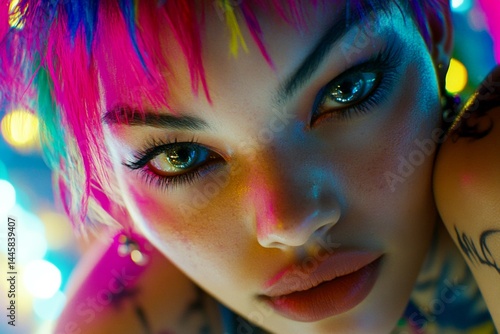 Commercial ad idea. Attractive calm mixed-race girl - for ads, banner and web marketing use. Short coiffure - multicolored hair. Bold style ads. African model trends. Artistic hair concepts.