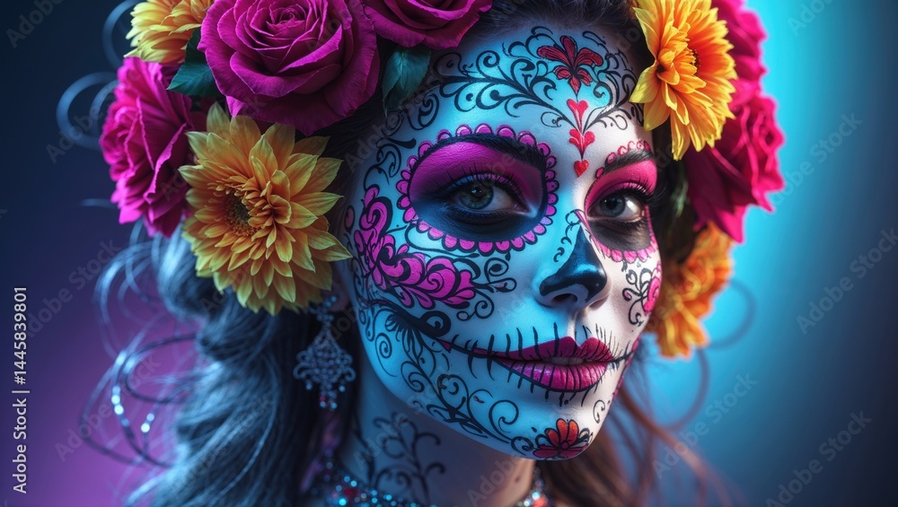 A young woman with vibrant sugar skull makeup and a flower crown. The intricate design and bright colors create a striking visual. A young woman with vibrant sugar skull makeup and a flower crown. The intricate design and bright colors create a striking visual.