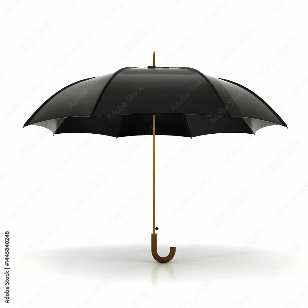 Elegant Black Umbrella with Wooden Handle on White Background Elegant Black Umbrella with Wooden Handle on White Background
