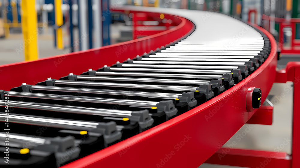 Obraz premium A curved industrial conveyor system with metal rollers, designed for efficient material handling in a warehouse or factory environment.