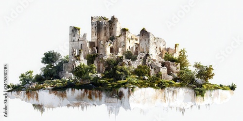 Ancient stone ruins of a castle sit atop a lush, floating island, surrounded by greenery and fragments of rock.