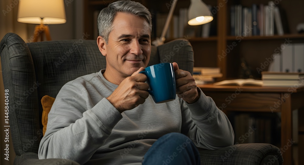 A content man is relaxing in a comfortable chair while enjoying a warm drink, perfect for a Father's Day celebration. A content man is relaxing in a comfortable chair while enjoying a warm drink, perfect for a Father's Day celebration.