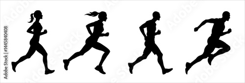 Running man and woman silhouettes. Vector set. Male and female runners figure shapes. Bare and naked slim healthy people work out
