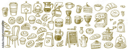 Assorted delightful coffee and pastry elements arranged showcasing bakery and cafe ambiance in engraving style