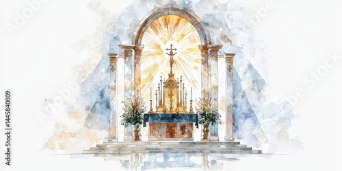 Watercolor illustration of an ornate church altar with golden decorations, columns, and radiant light.