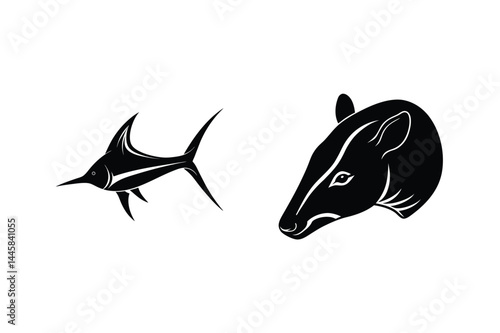 Black silhouette vector of swordfish and tapir animals on white background perfect for wildlife projects