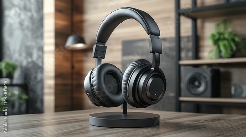 Black over-ear headphones on a stand, in a stylish home setting.
