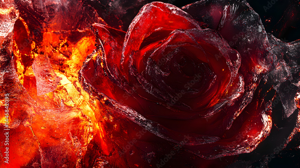 Fiery Rose: A captivating image showcasing a striking, close-up view of a fiery red rose, its petals meticulously detailed, emerging from a burning inferno Fiery Rose: A captivating image showcasing a striking, close-up view of a fiery red rose, its petals meticulously detailed, emerging from a burning inferno