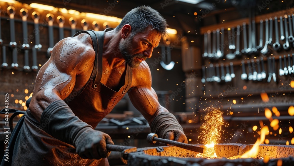 A muscular male blacksmith intensely works the glowing metal, sparks flying as he shapes it with focused determination in his rustic workshop. A muscular male blacksmith intensely works the glowing metal, sparks flying as he shapes it with focused determination in his rustic workshop.