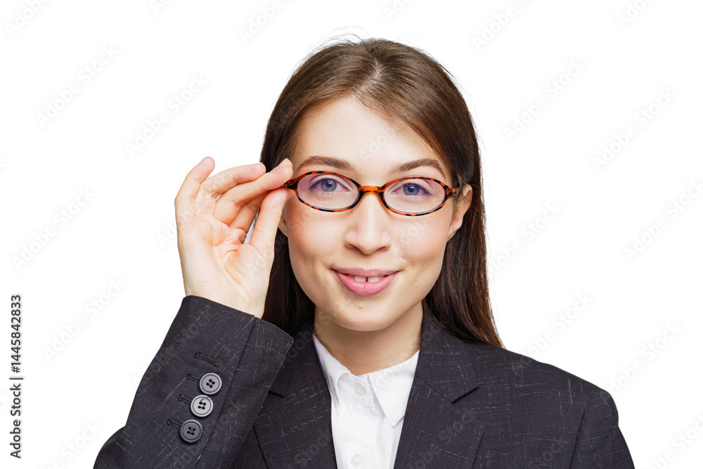 Professional woman wearing glasses and smiling confidently during a business portrait session in a bright studio Professional woman wearing glasses and smiling confidently during a business portrait session in a bright studio